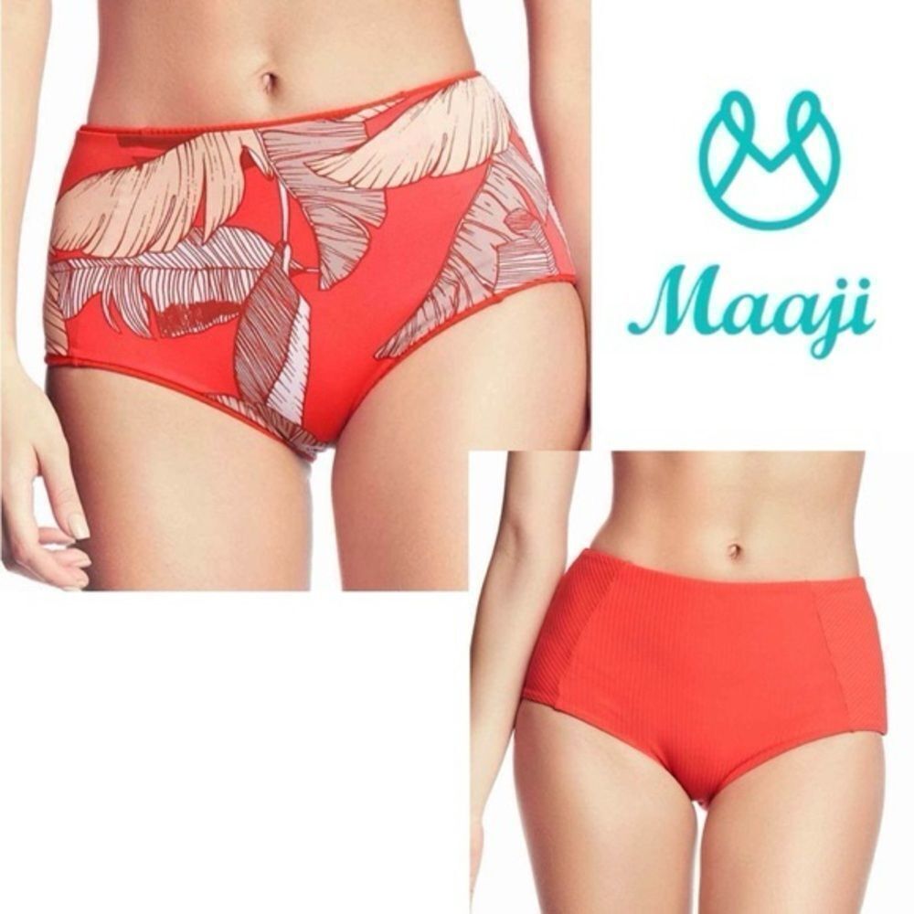 NWOT MAAJI High Waist Reversible Bardot Bikini Bottom in Tropical Cayenne Sz L - Picture 2 of 6